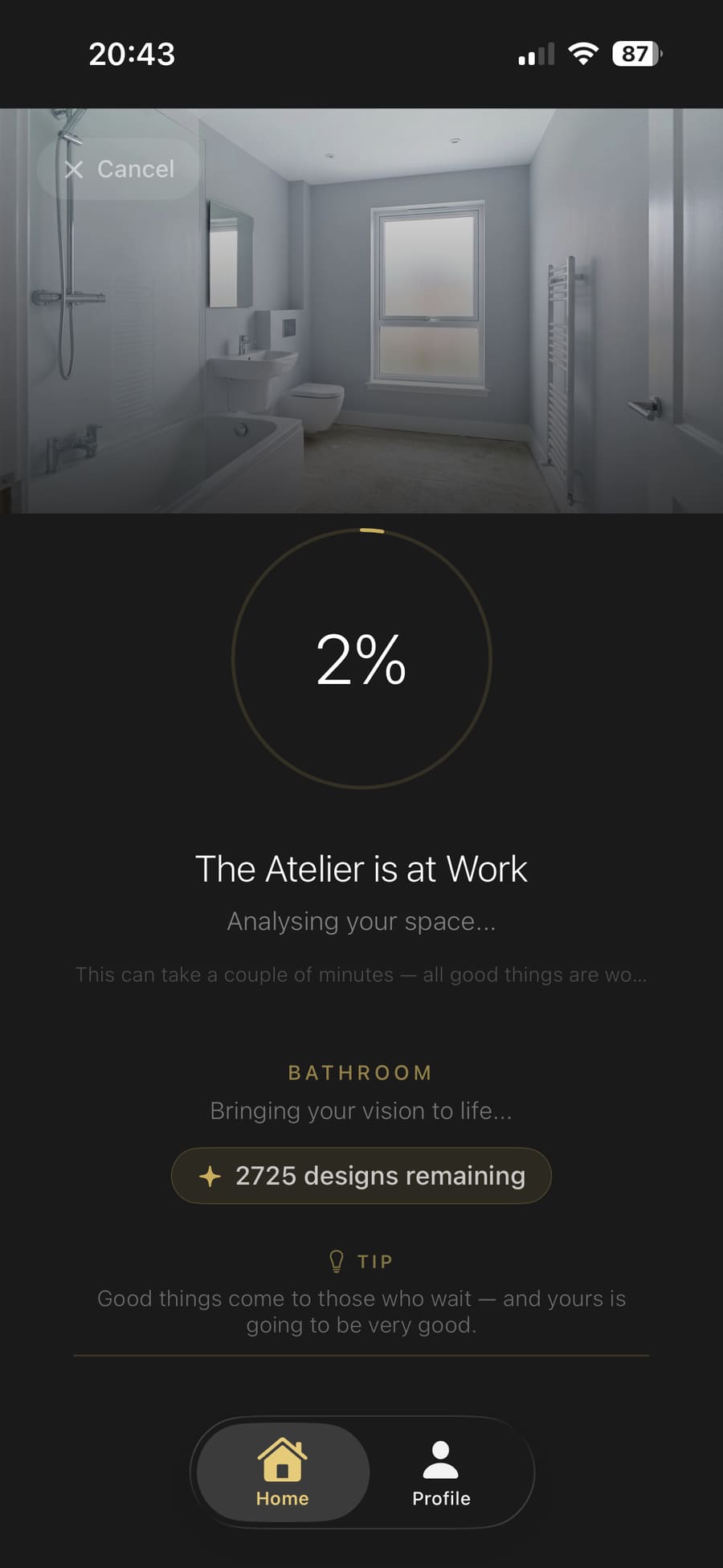 The room being designed by the Aspire Interiors app