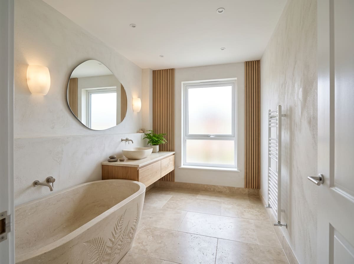 Full landscape image of the finished spa-style bathroom design with freestanding stone tub