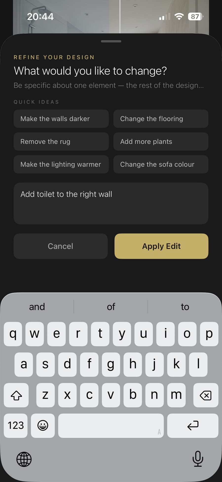 Using the edit feature to add a toilet to the bathroom design