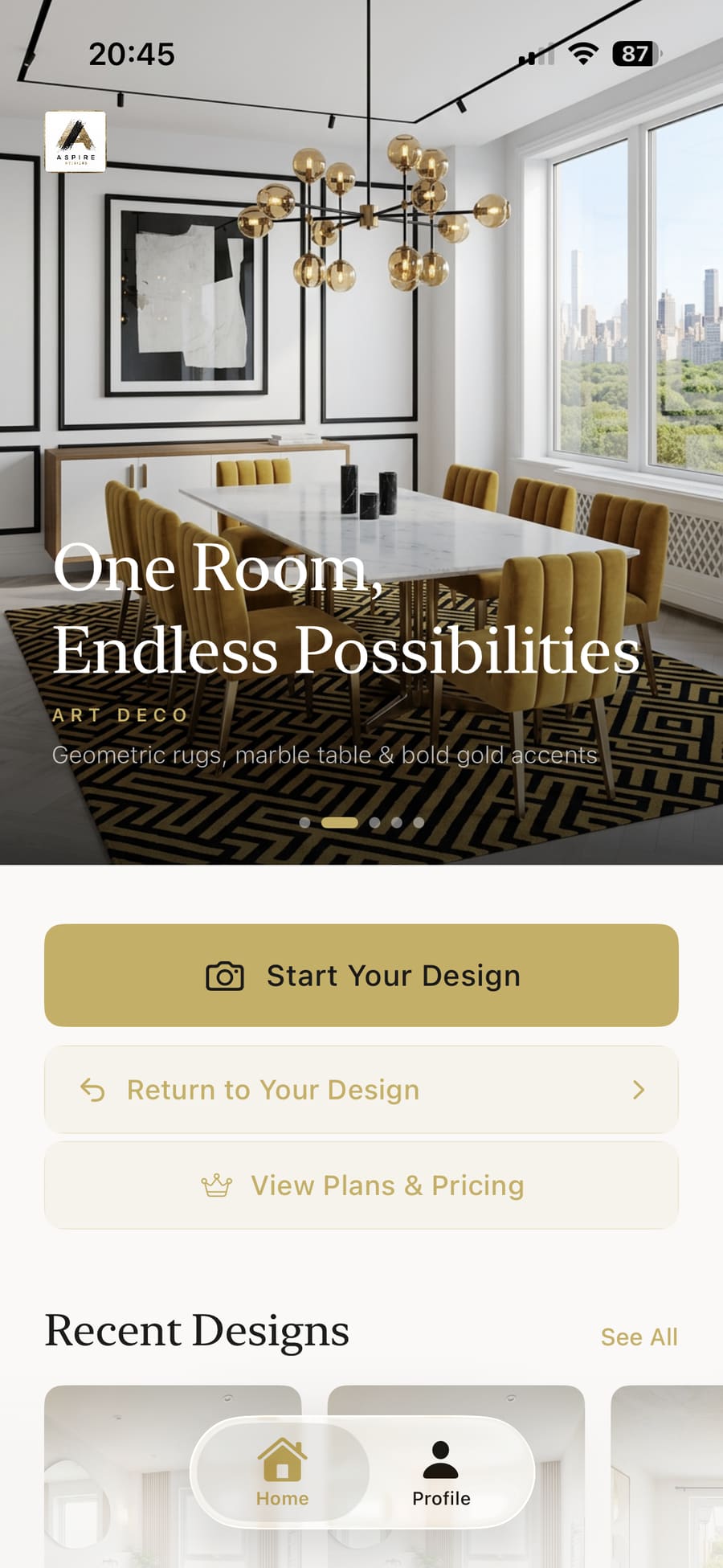Going back to the home screen to start a new design