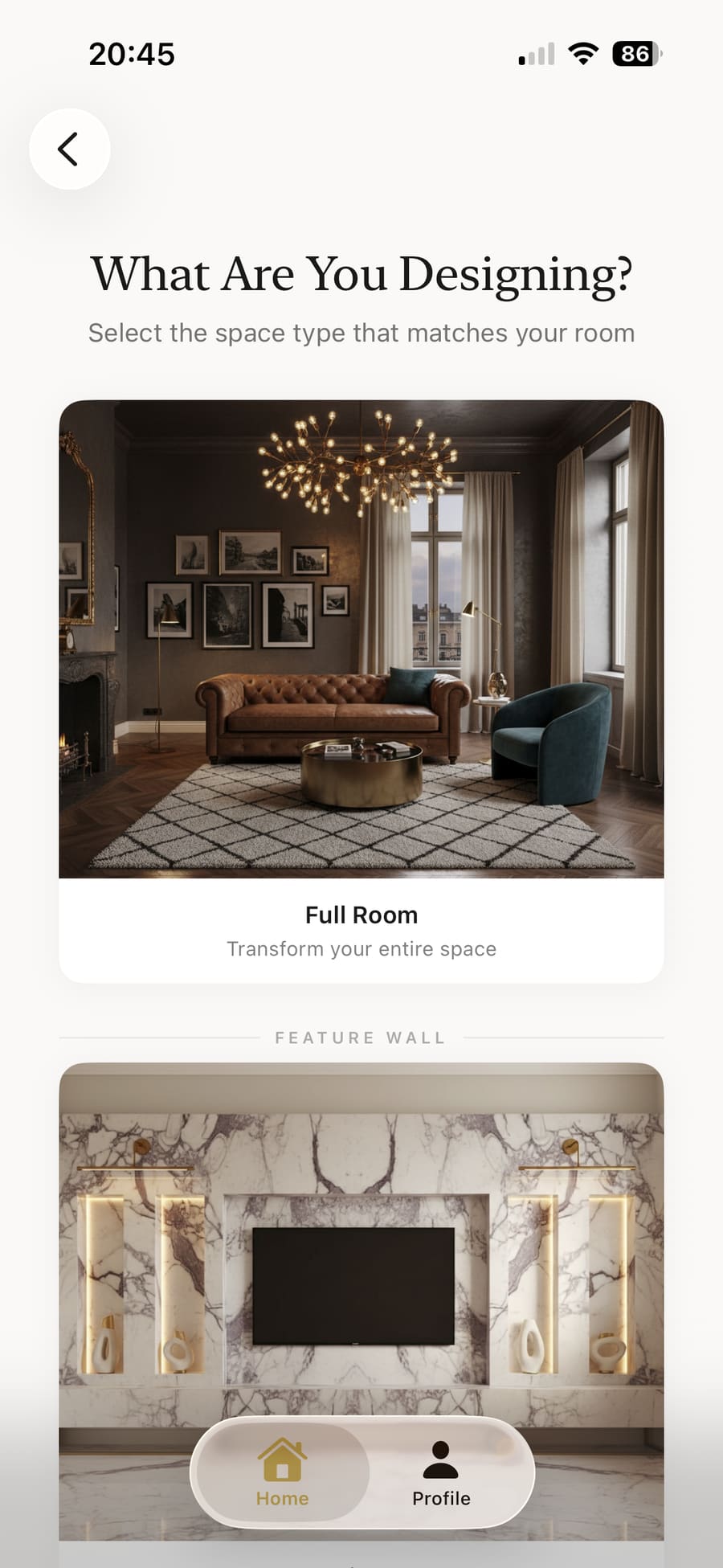 Selecting full room or media wall as the design scope