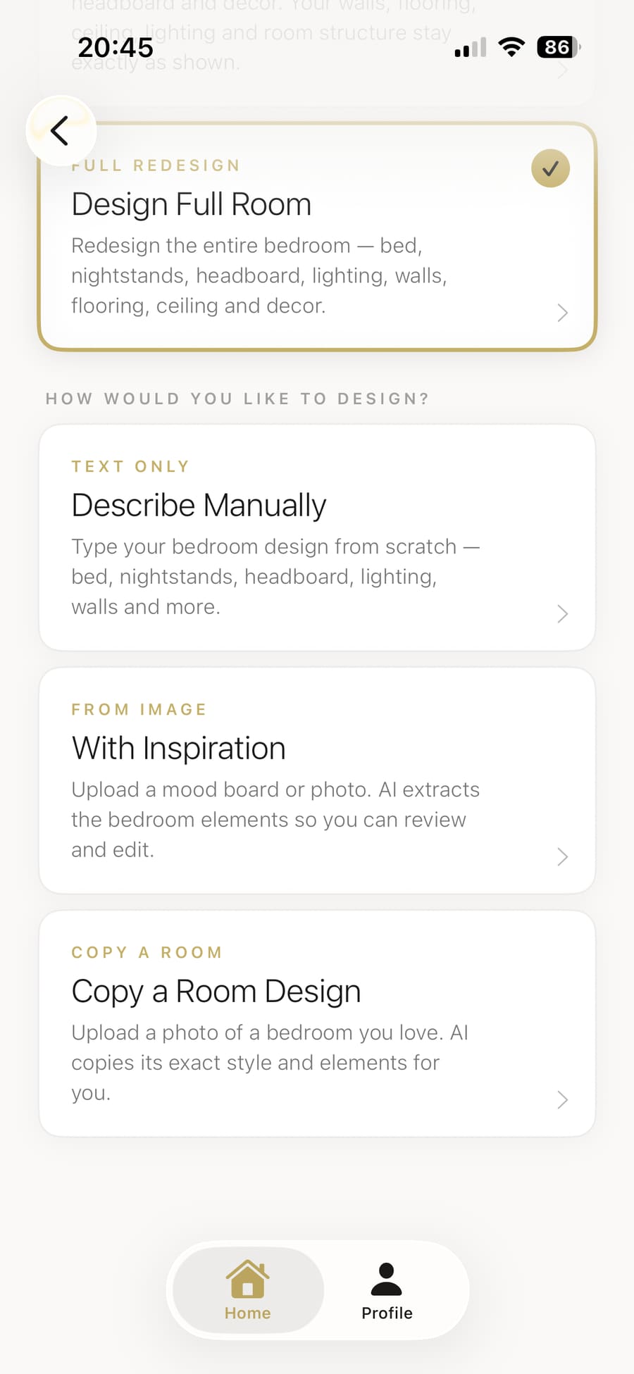 Choosing between Manual entry, Inspiration mood board upload, or Copy a Room Design