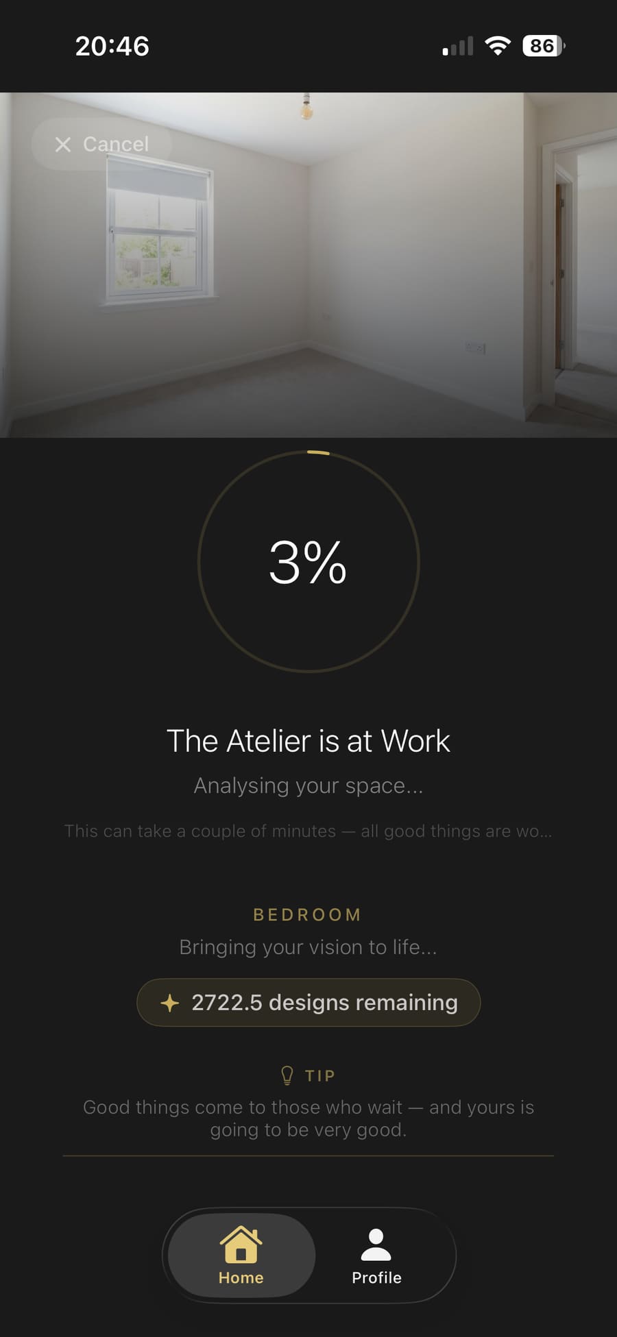 The bedroom image being generated by the AI