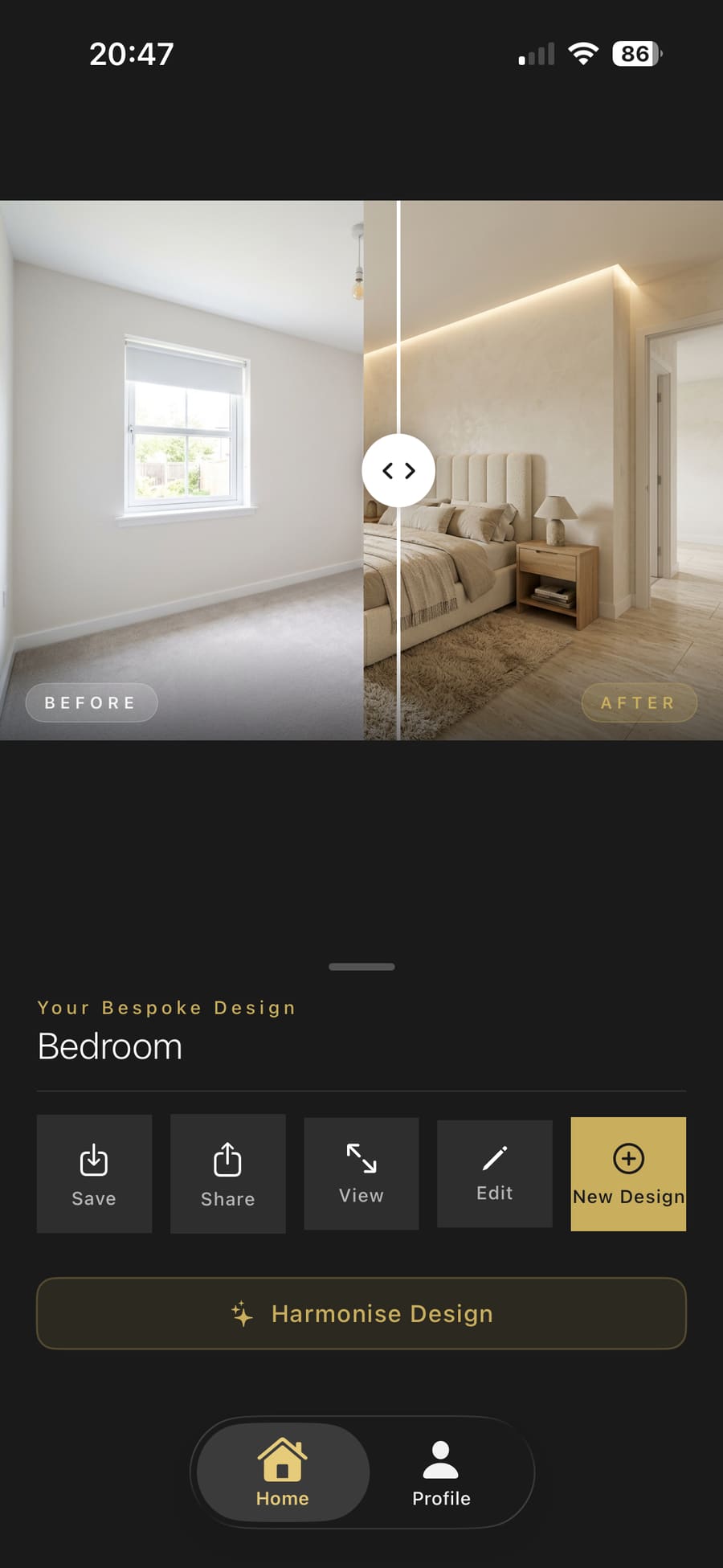 The designed room on a split screen, half and half with a slider
