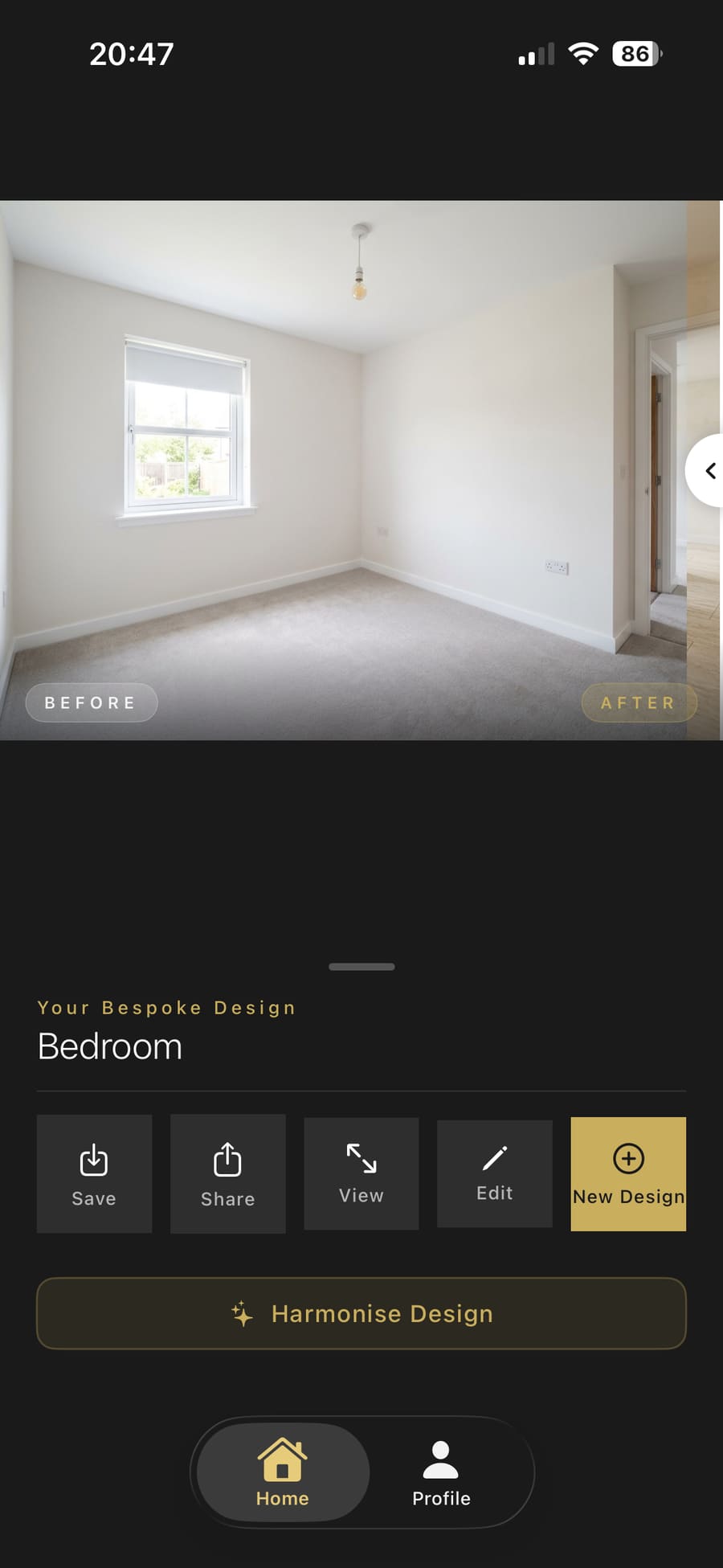 Slider fully to the right showing the room as it was before