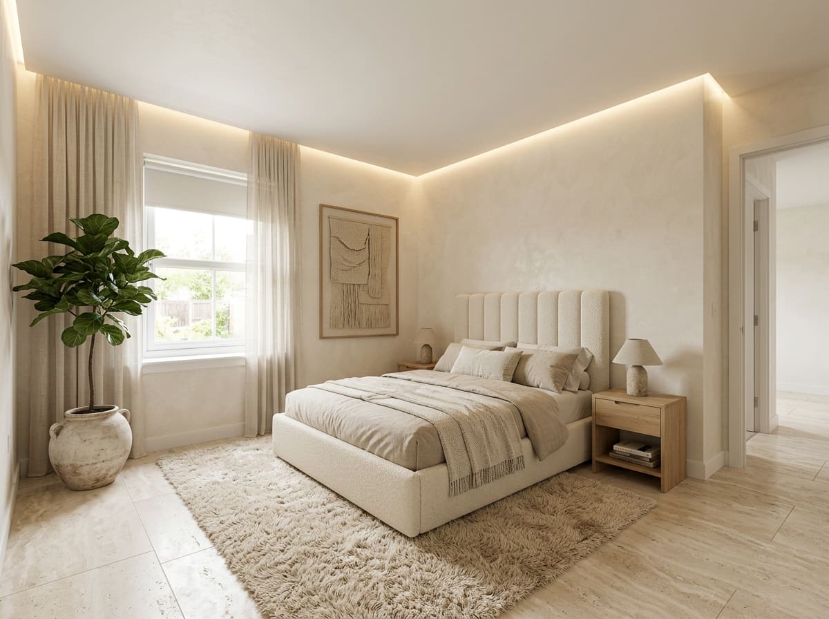 Full landscape image of the finished bedroom design — cream bouclé bed, oak nightstands and warm lighting