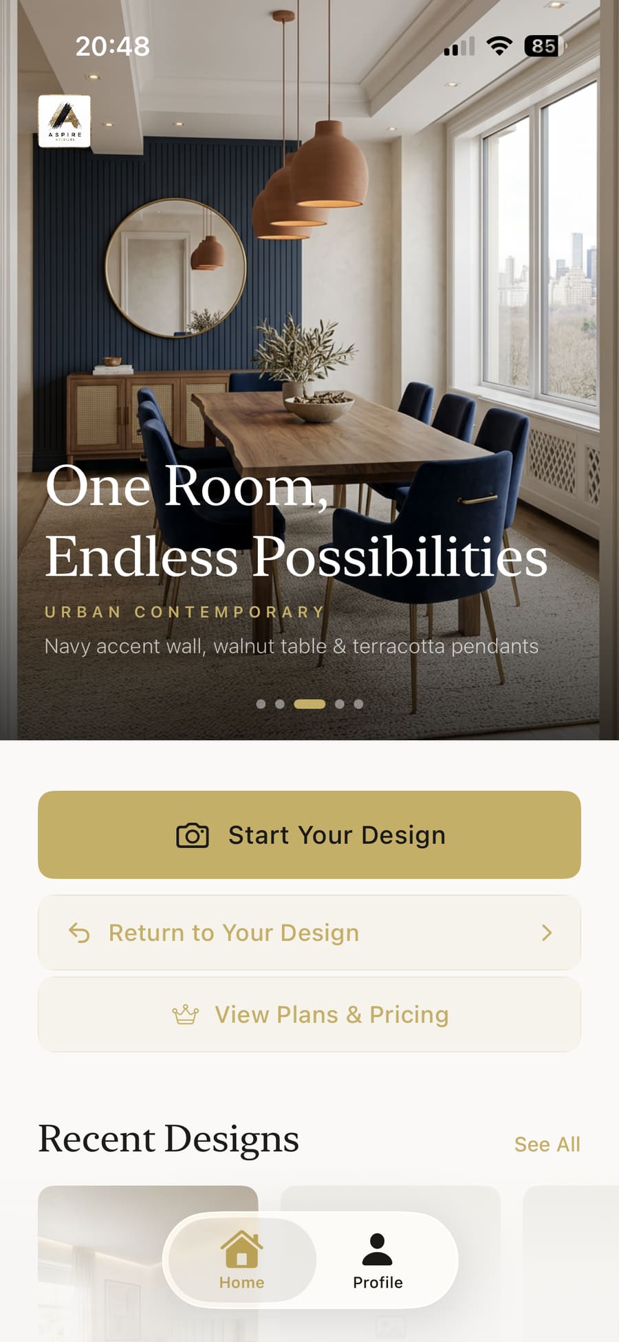 Back at the home screen ready to start another design