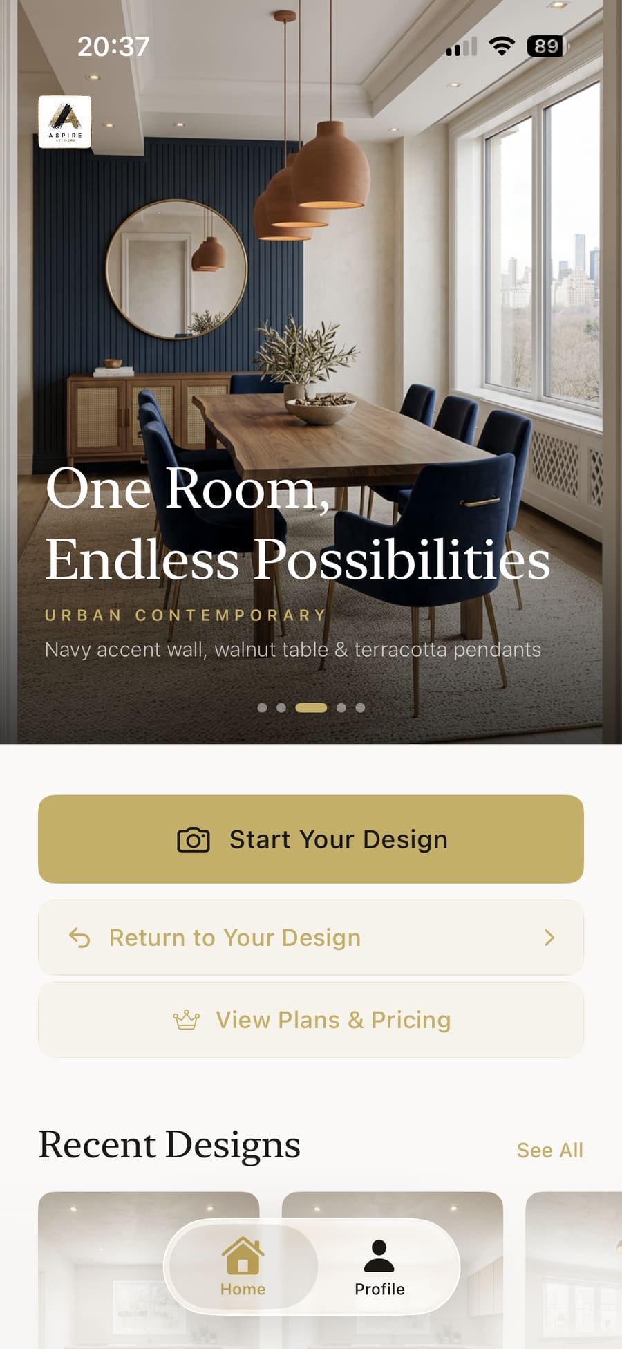 Aspire Interiors app home screen with Start Your Design button