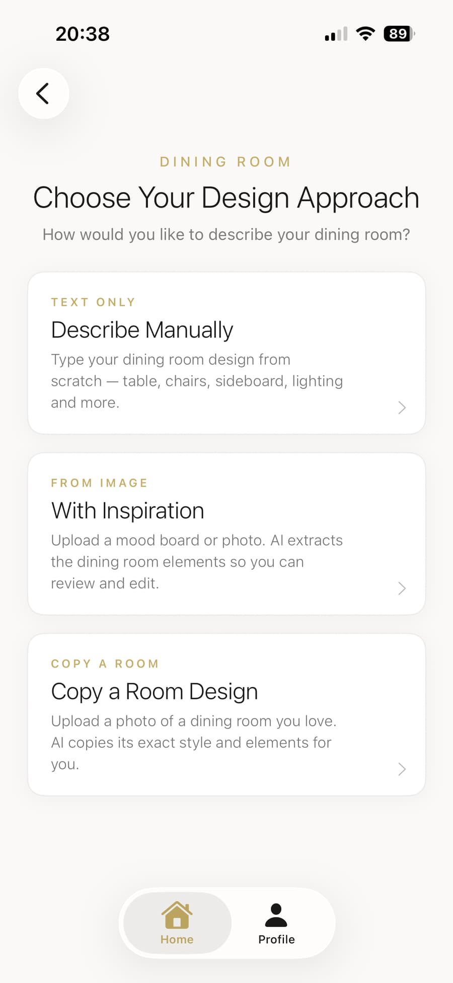 Choosing between Manual entry, Inspiration image upload, or Copy a Room Design