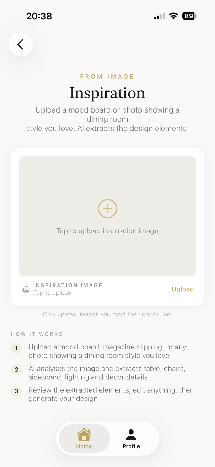 Uploading a mood board image as design inspiration