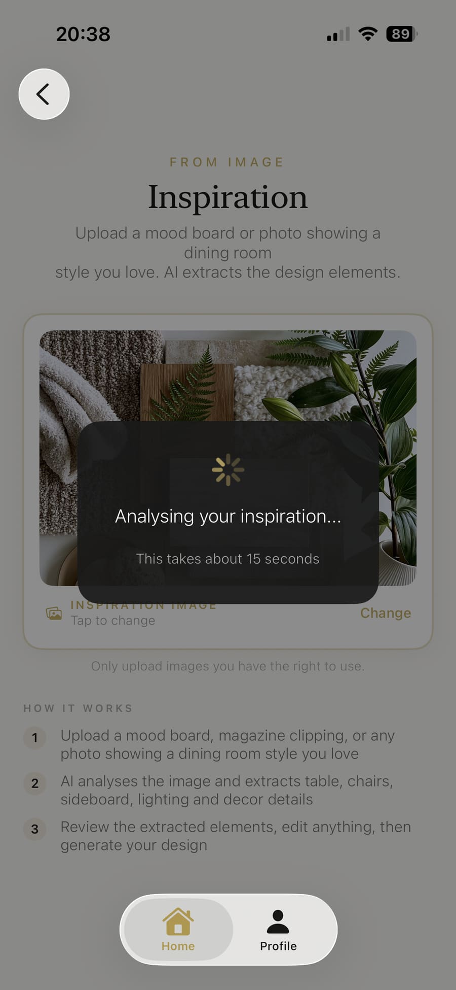 AI analysing the mood board and extracting dining room design information