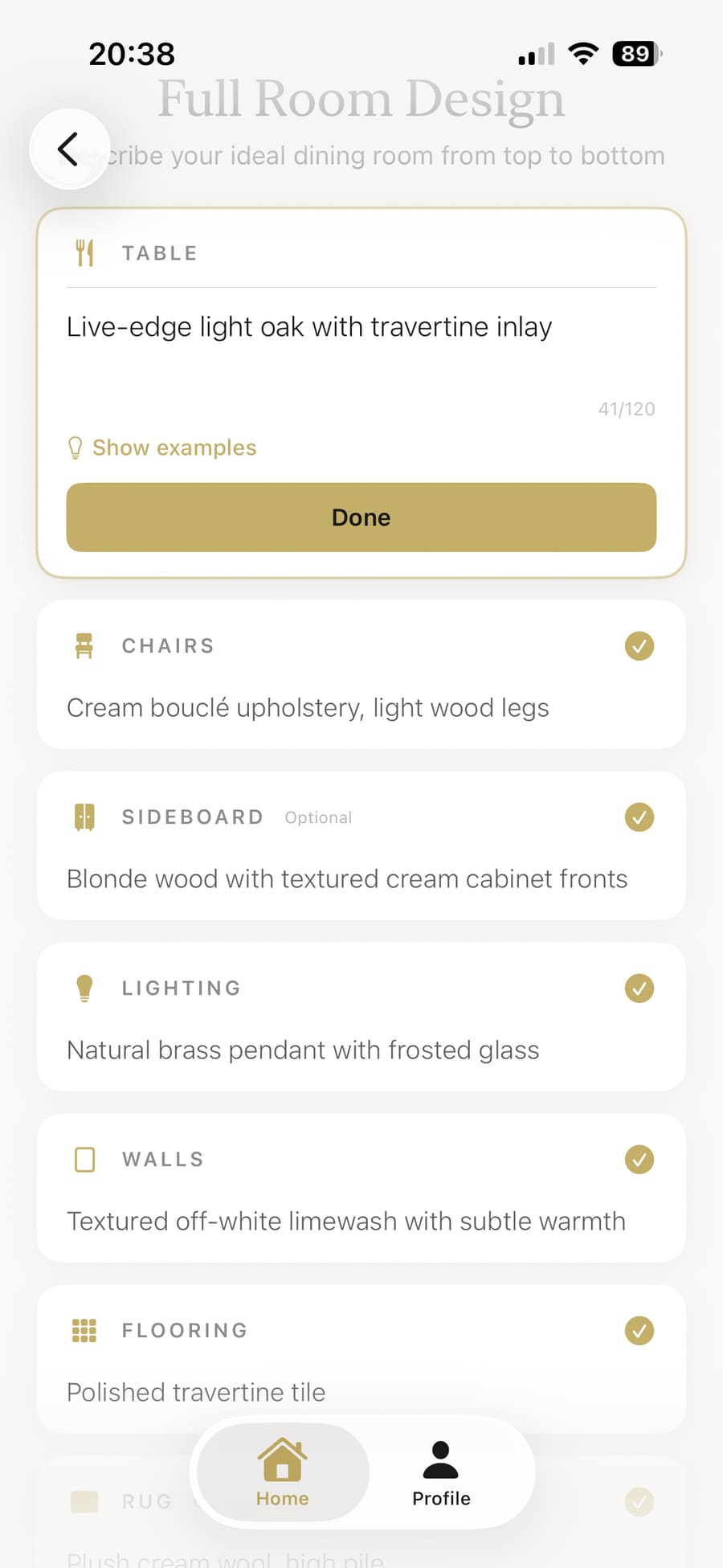 Design fields auto-populated with information extracted from the mood board for the dining room