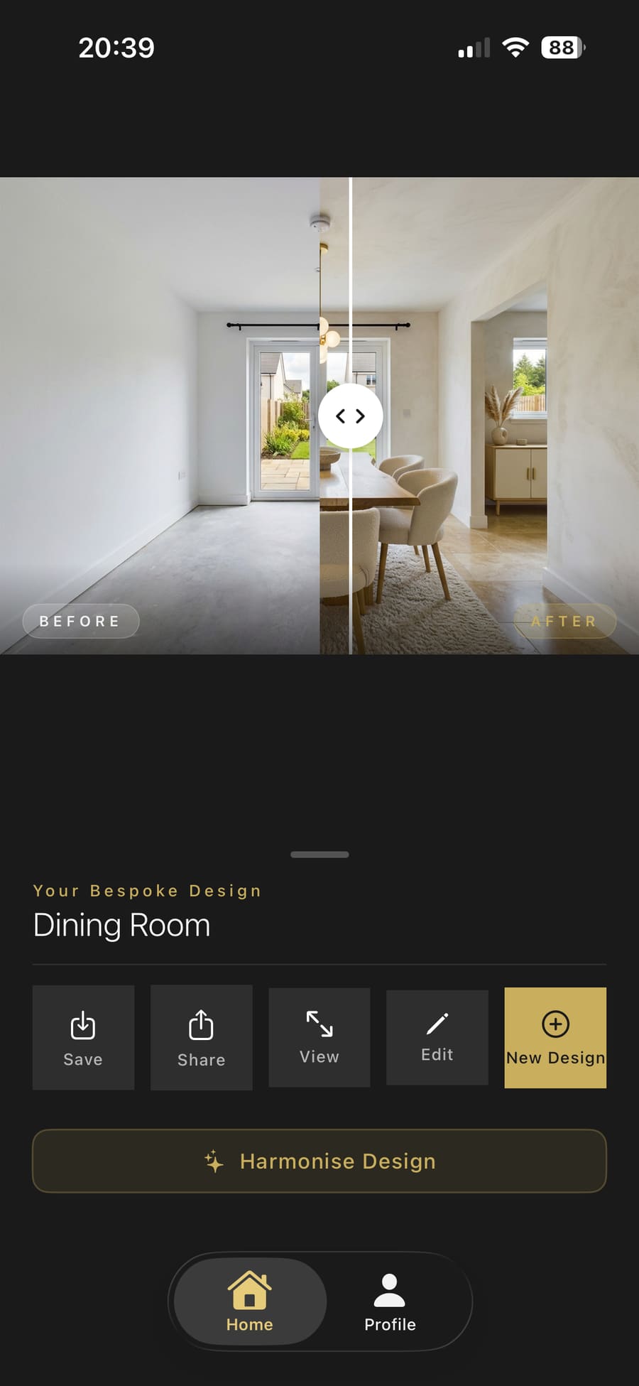 Split-screen results with a slider to compare the original room and new design