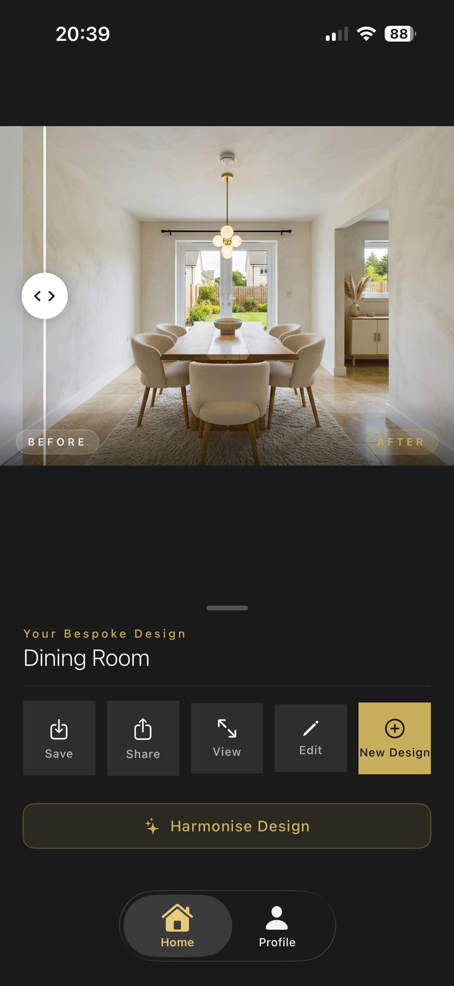 Slider pushed fully to the left showing the complete new dining room design
