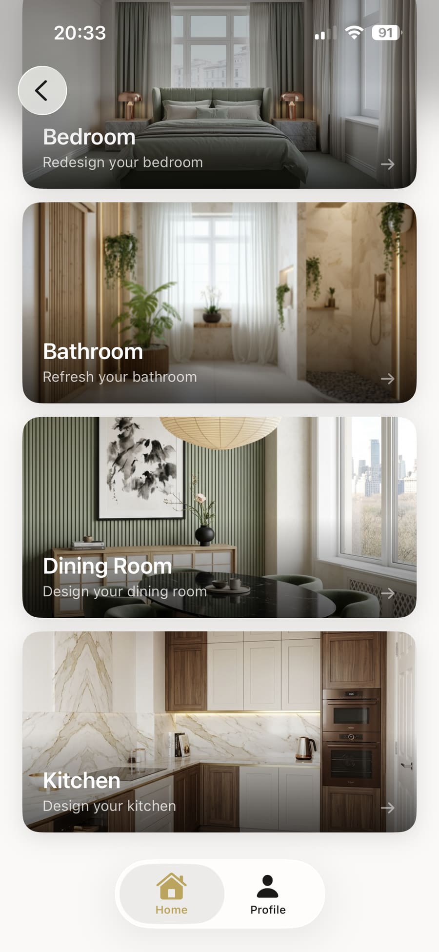 Room type selection showing Living Room, Bedroom, Bathroom, Dining Room and Kitchen