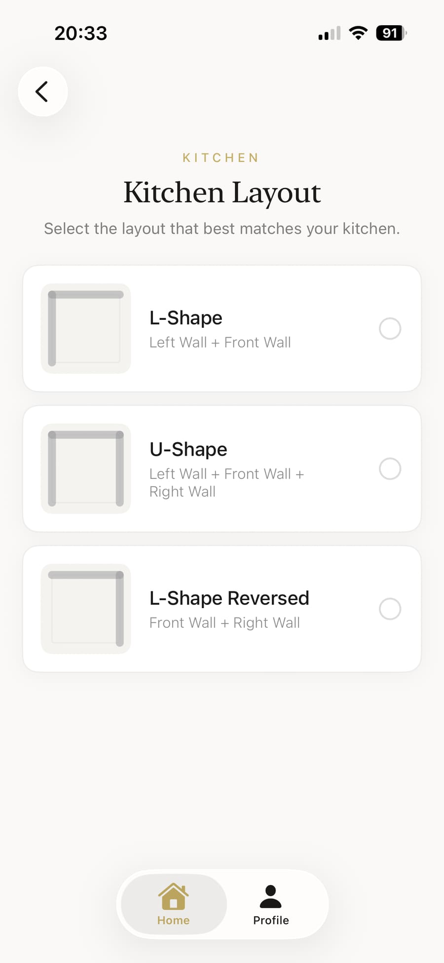 Selecting the kitchen shape: L-shape, U-shape or reverse L-shape