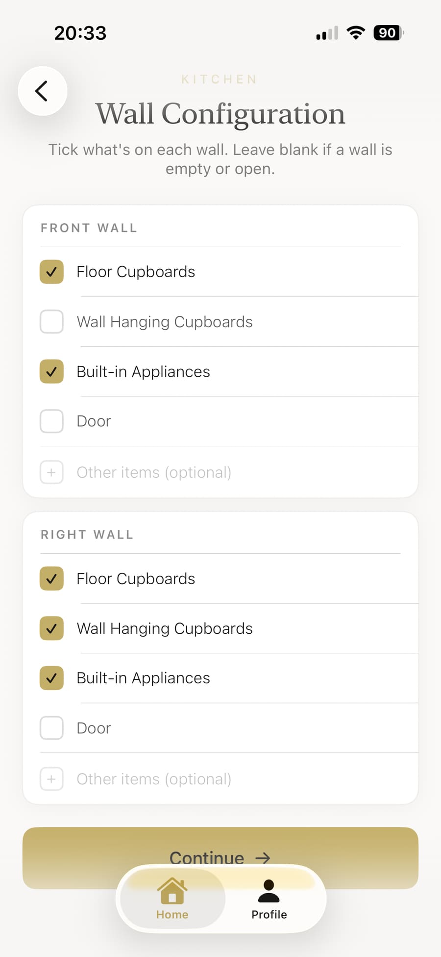 Selecting what goes on each wall: floor cupboards, wall-hung cupboards, door and built-in appliances