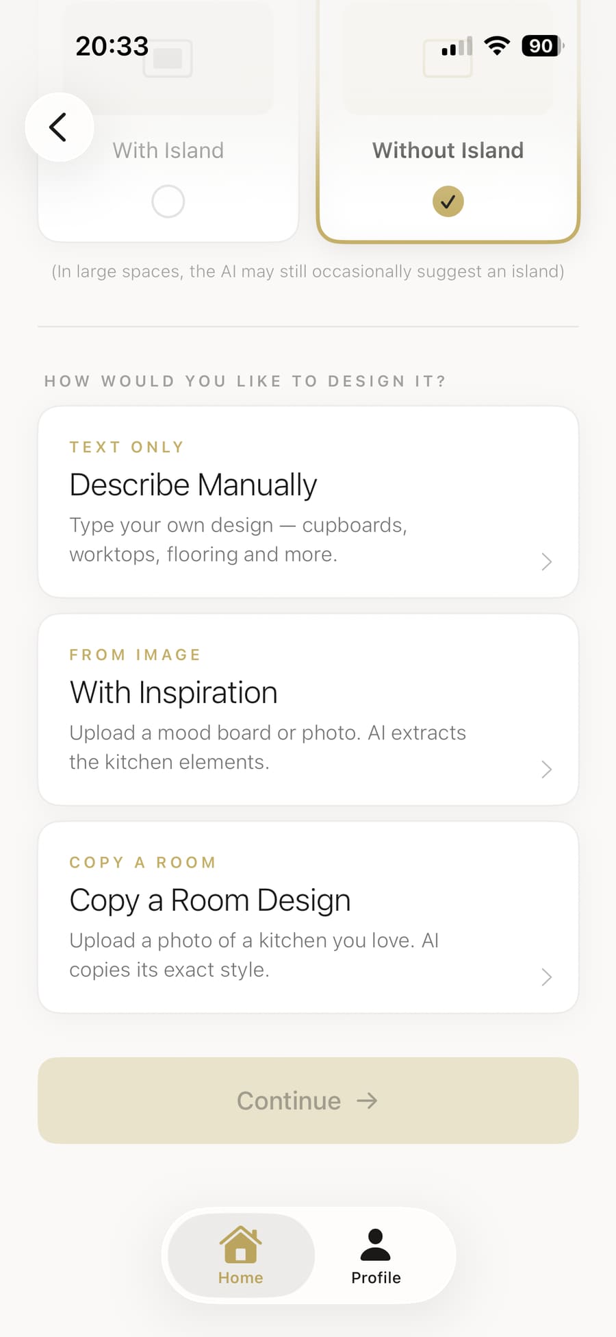 Choosing between Manual entry, Inspiration image upload, or Copy a Room Design