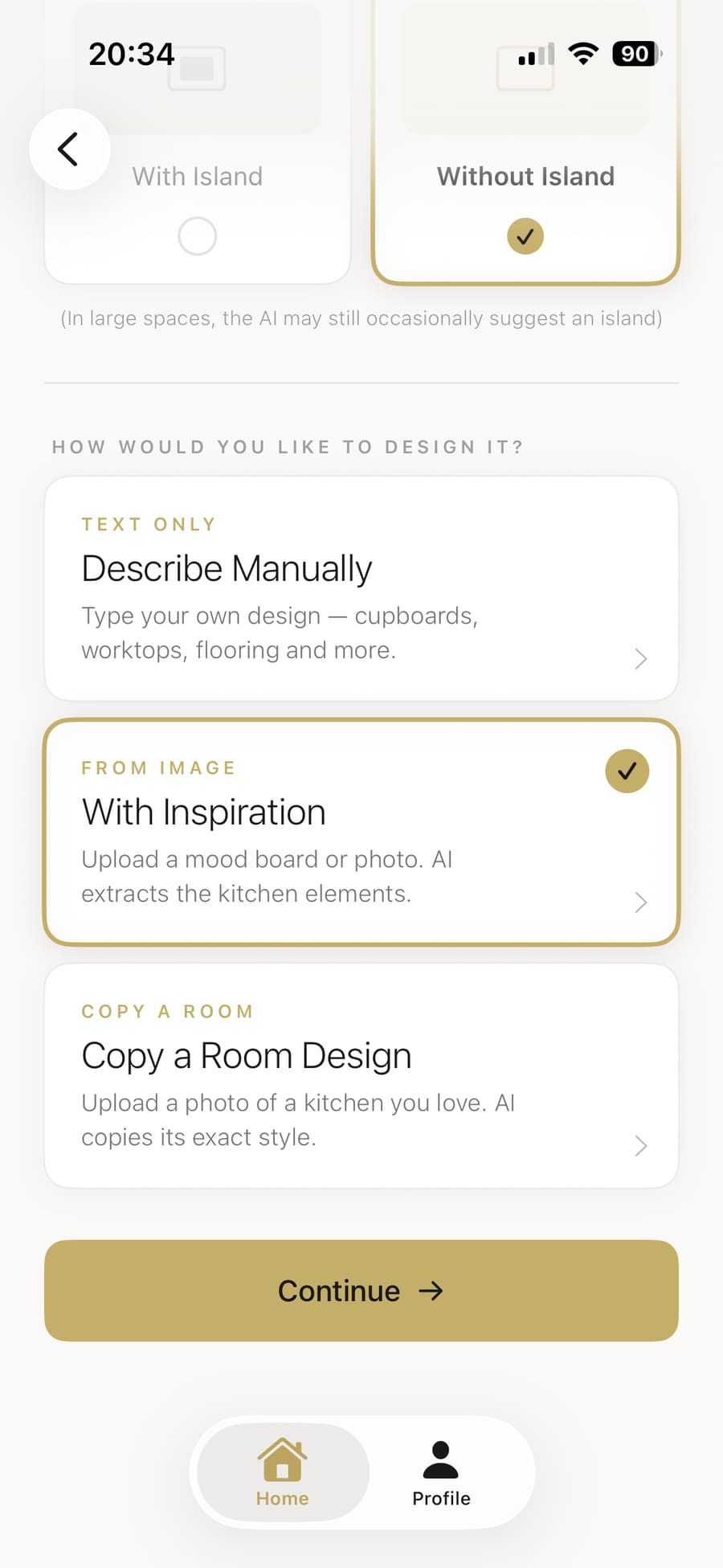 Inspiration mode selected as the design direction