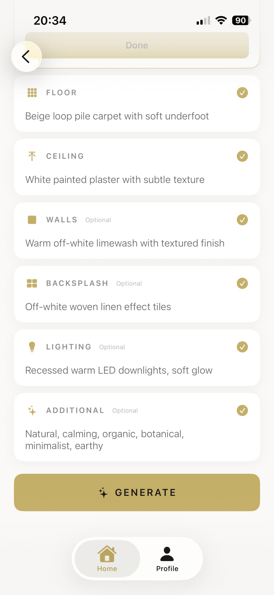 Additional kitchen options for lighting and extras, with the generate button