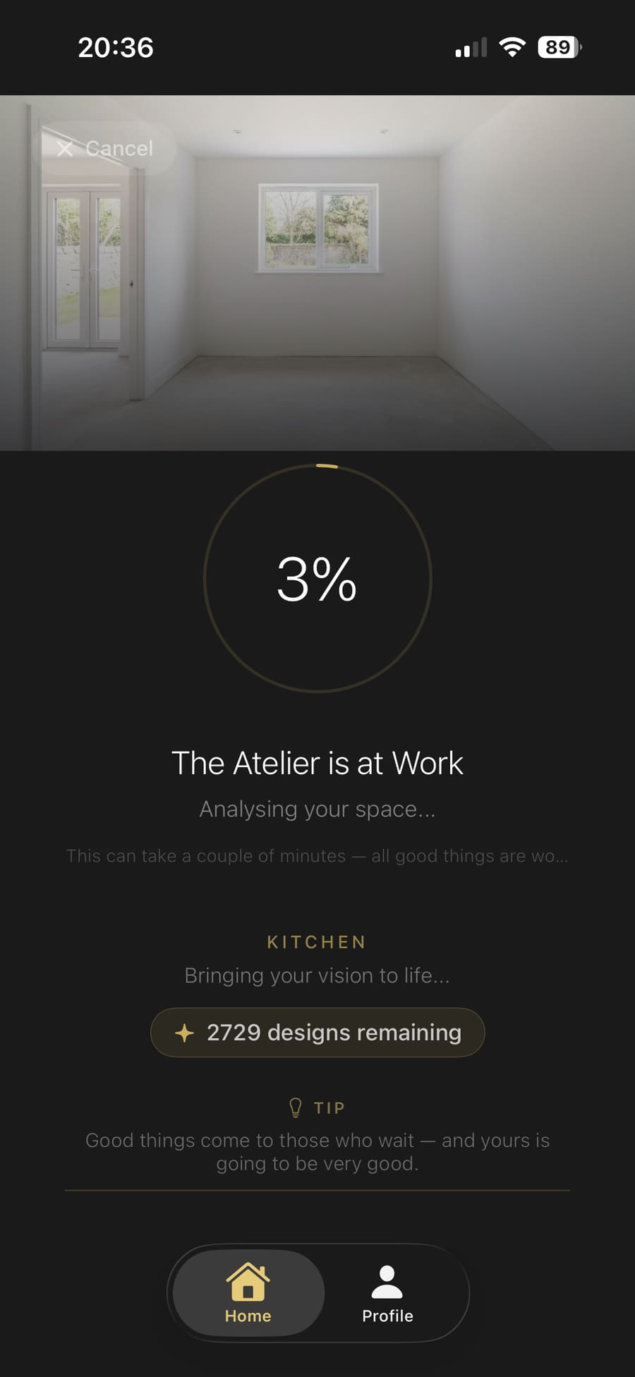 Generation timer while the AI kitchen design is created
