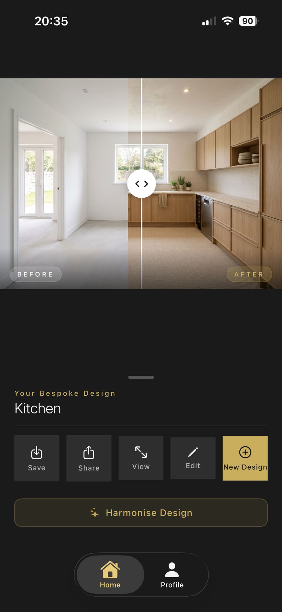 Split-screen before and after slider comparing the original kitchen with the new AI design