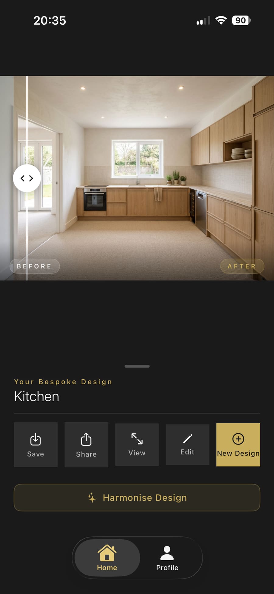 Slider pushed fully left to show the complete new kitchen design