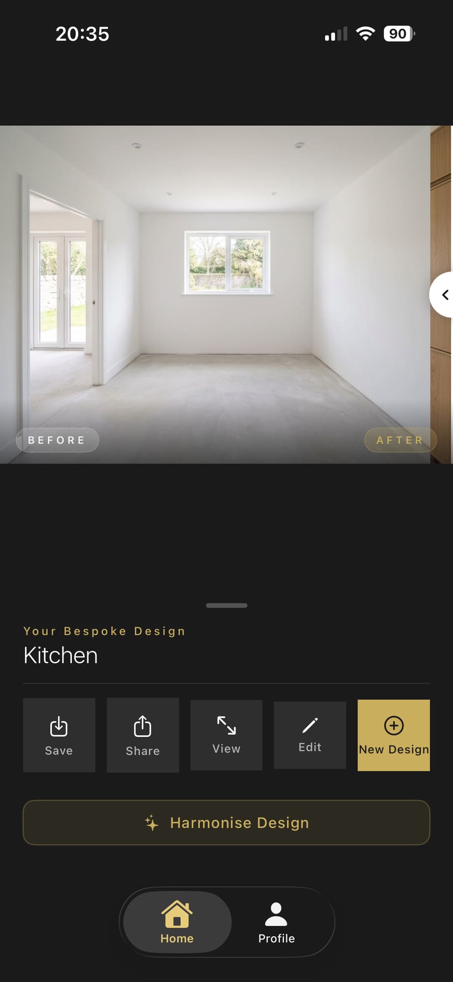 Slider pushed fully right to show the complete original kitchen photo