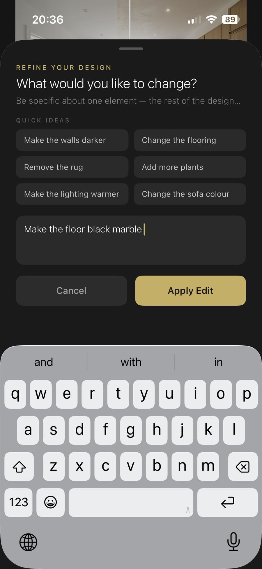Edit mode requesting a black marble floor for the kitchen design