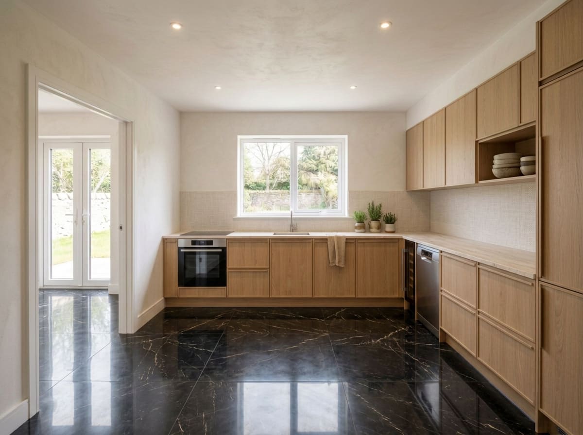 Downloaded landscape image of the kitchen design with the black marble floor applied