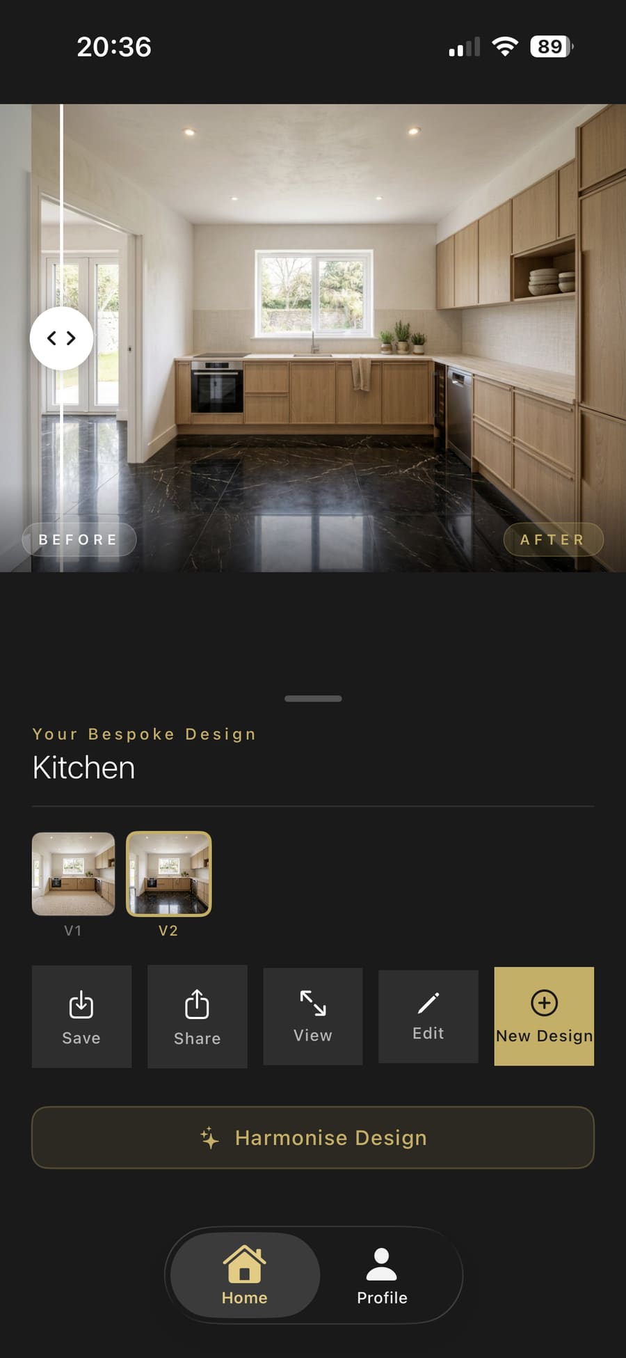 Design result screen showing V1 and V2 versions plus Harmonise options