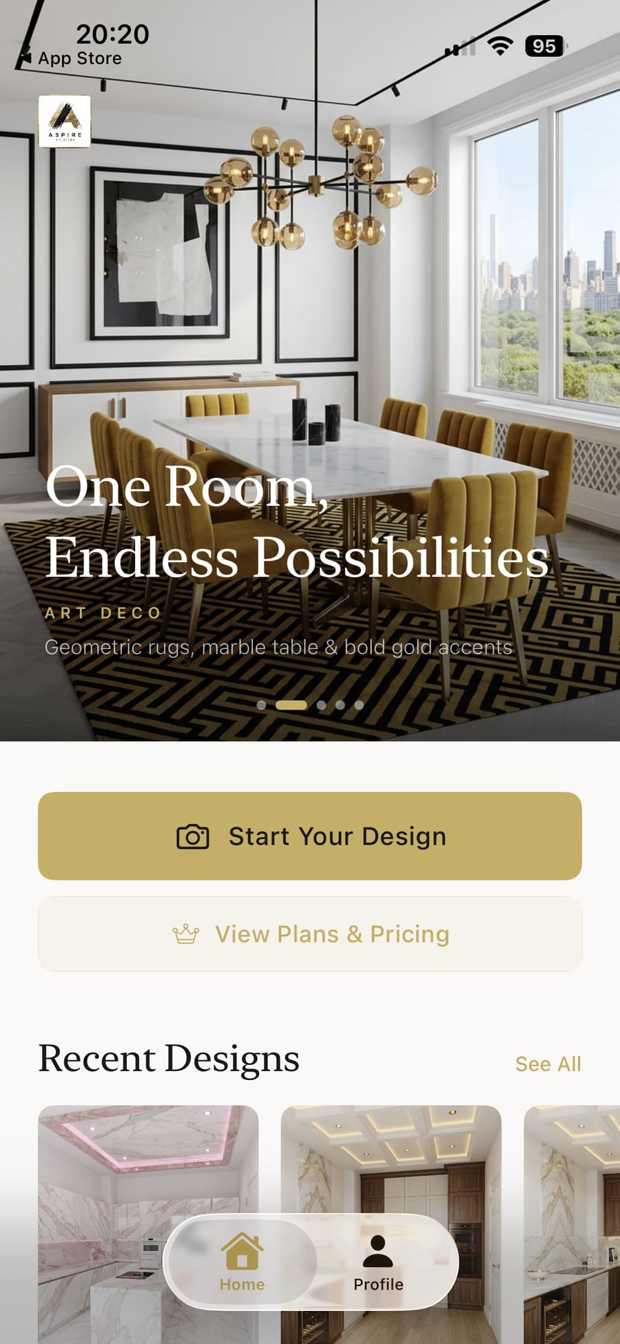 Aspire Interiors app home screen with Start Your Design button