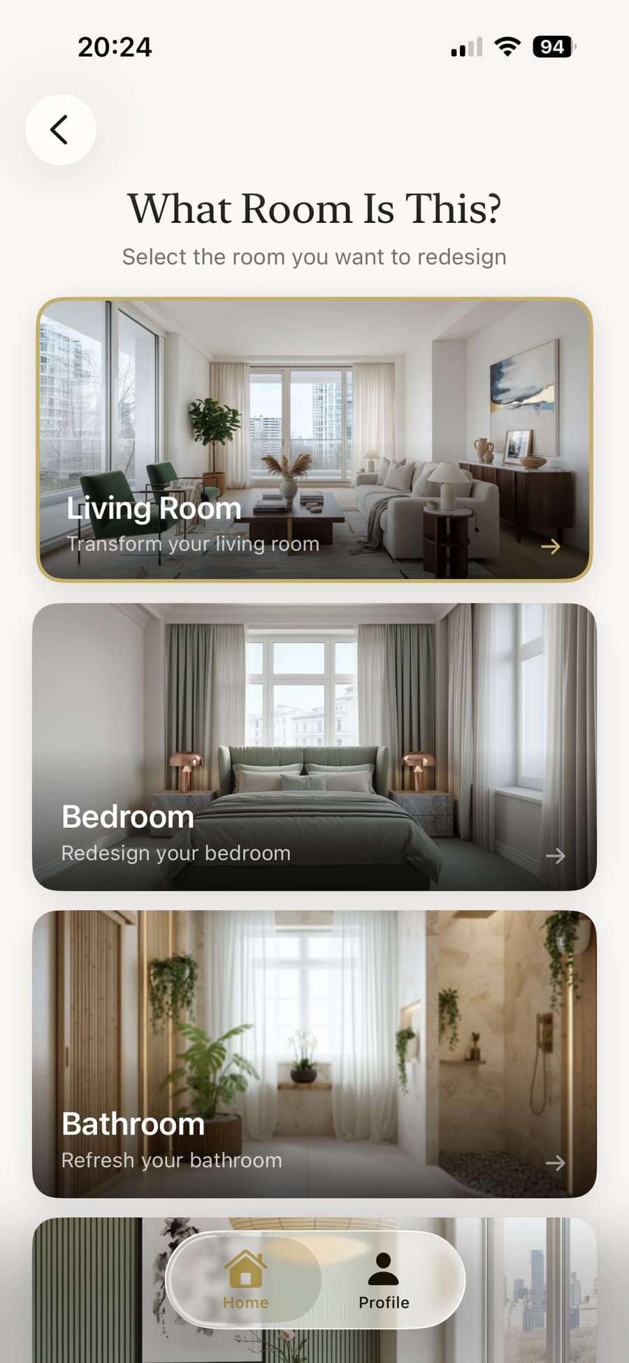 Room type selection showing Living Room, Bedroom, Bathroom, Dining Room and Kitchen