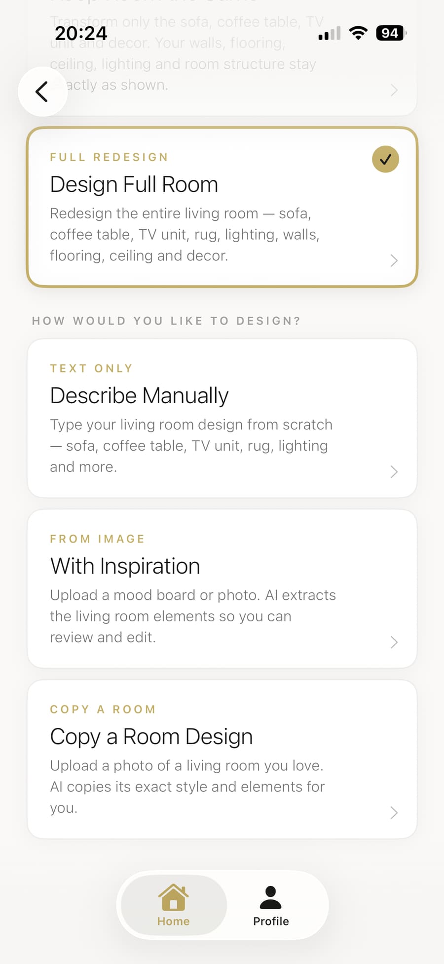 Choosing between Manual entry, Inspiration image upload, or Copy a Room Design