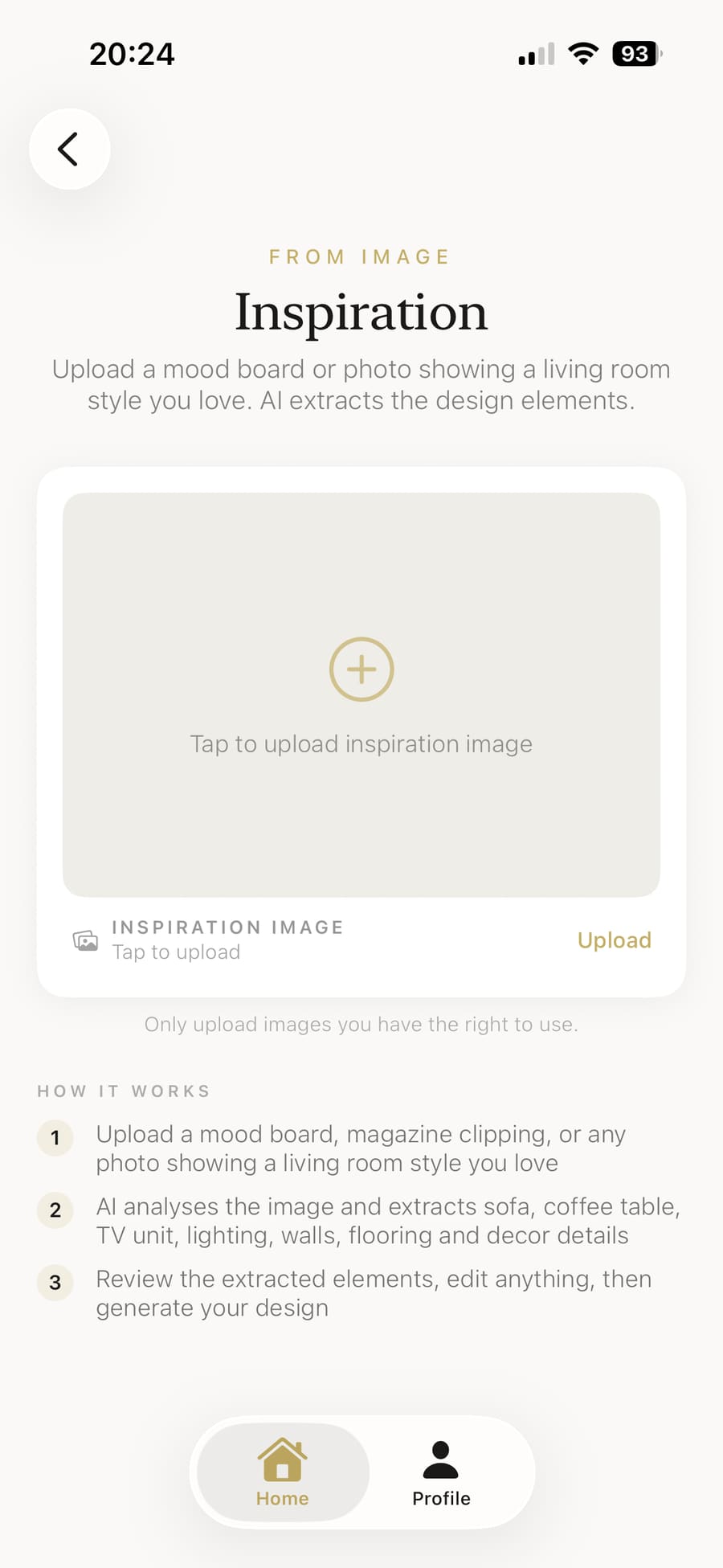 Uploading a mood board image as design inspiration
