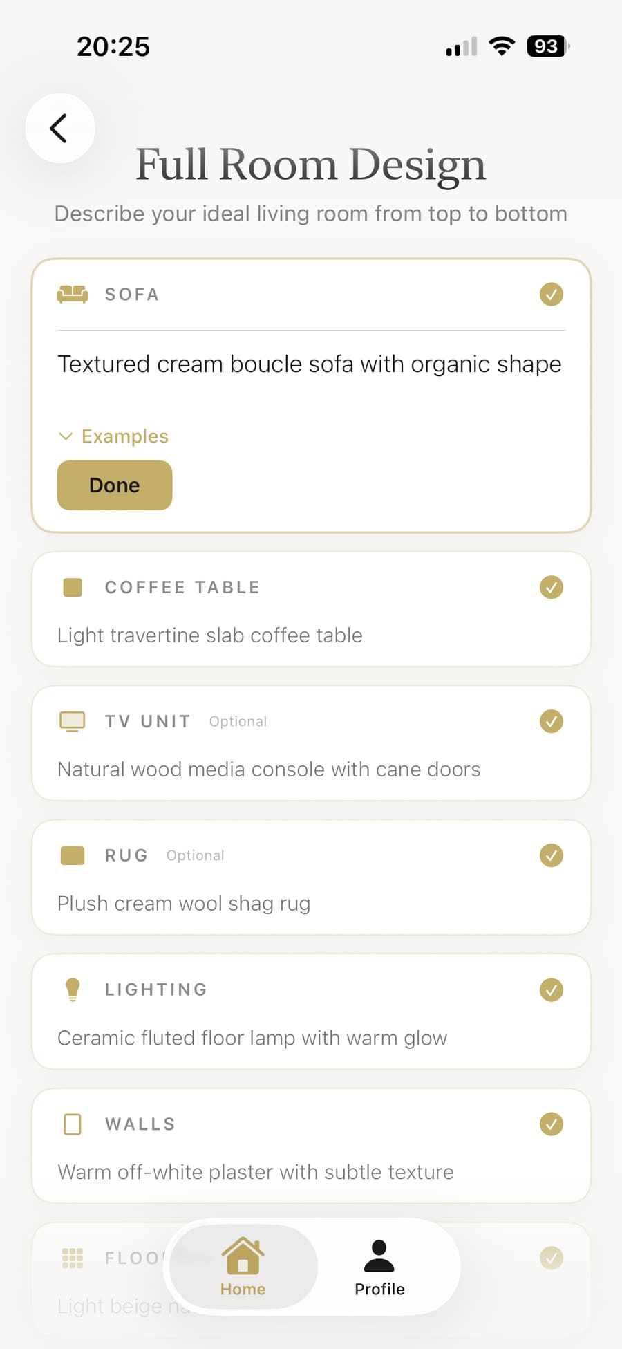Auto-populated design fields with extracted furniture and material details