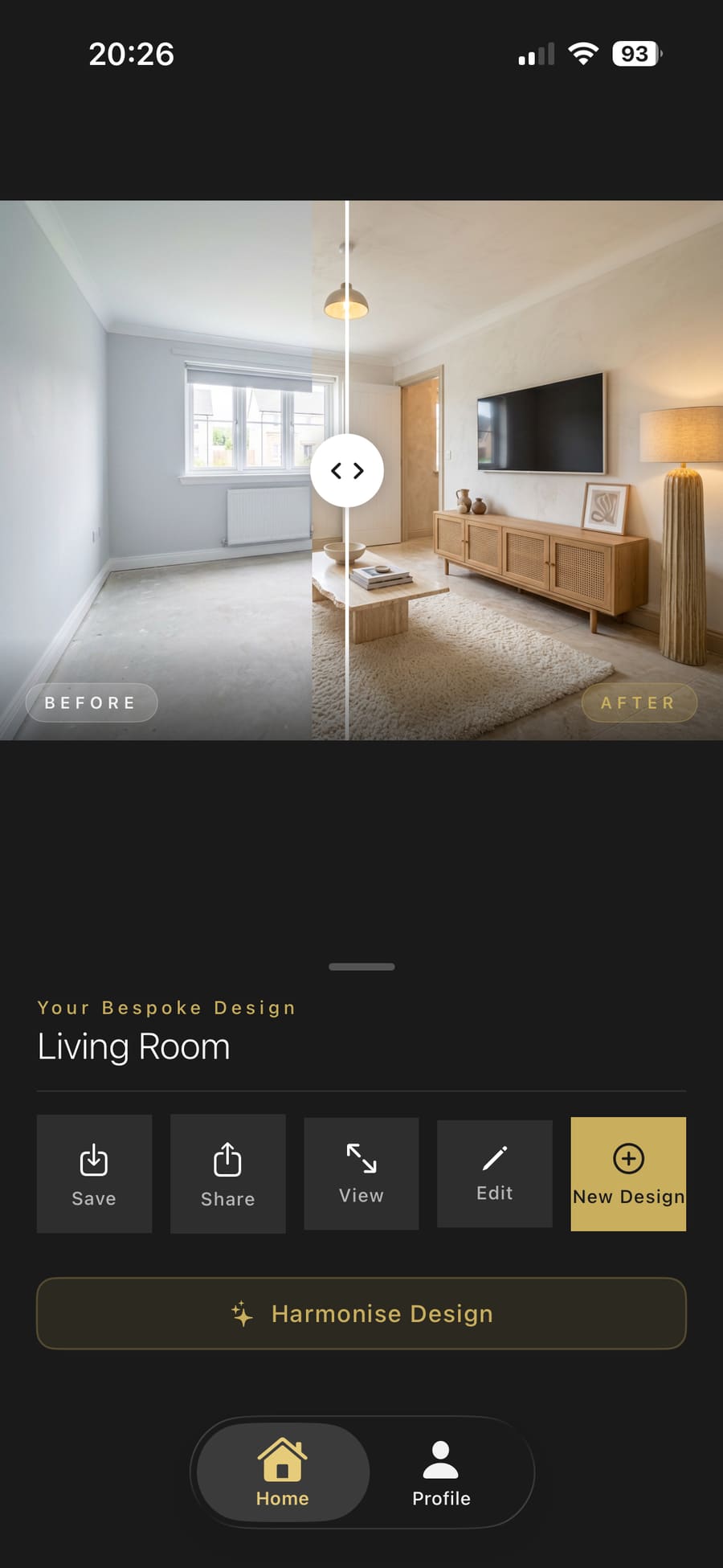 Split-screen before and after slider comparing original room with new design