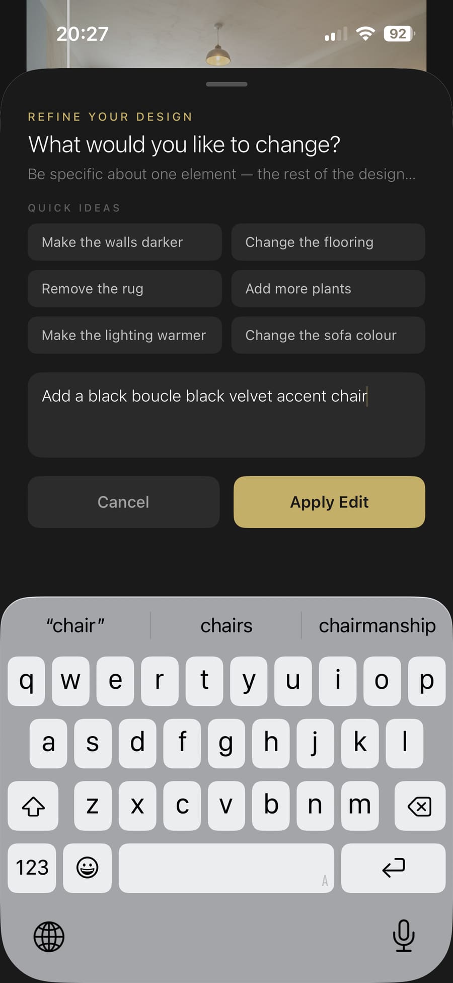 Edit mode requesting to add a black velvet chair to the design