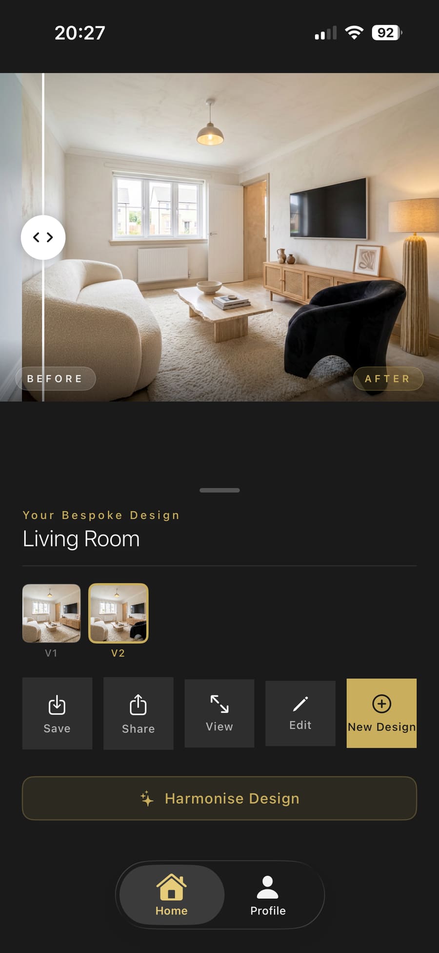 Split-screen comparison of the edited design with the black chair added