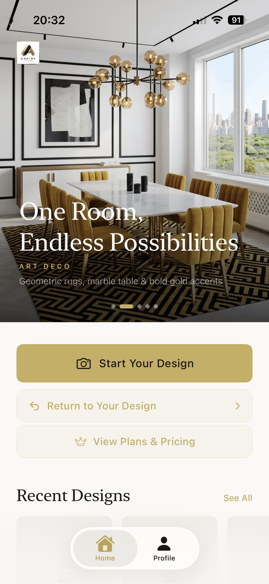 Home screen showing the Return to Design button