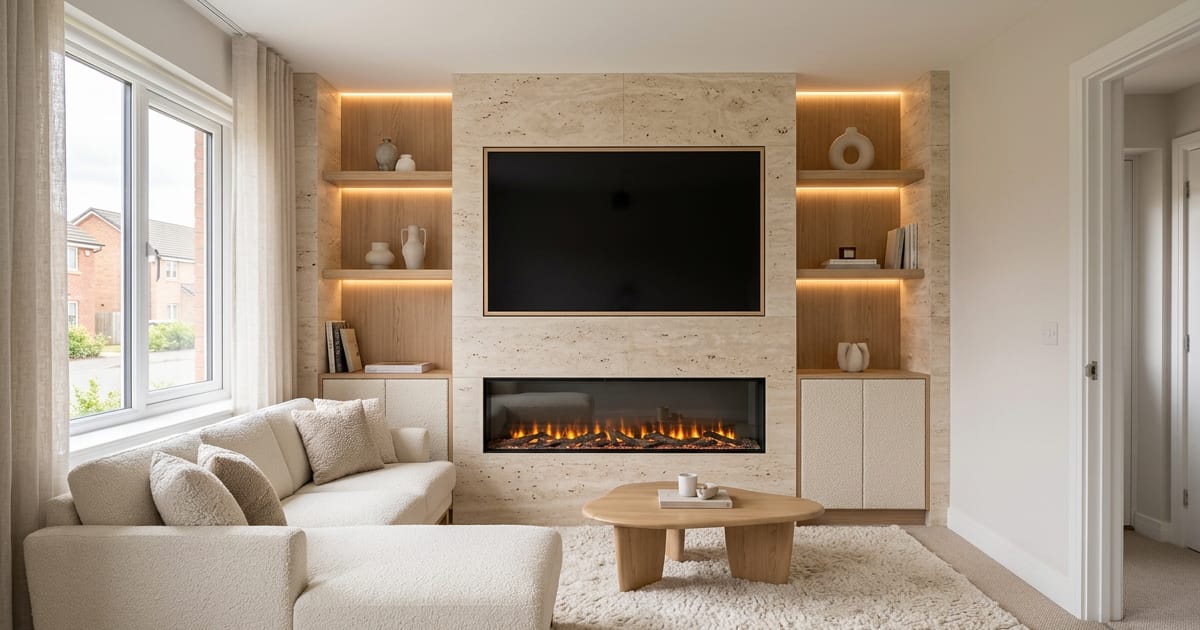 Downloaded high-resolution landscape image of the full AI media wall design — travertine panels, warm cove lighting and fire feature
