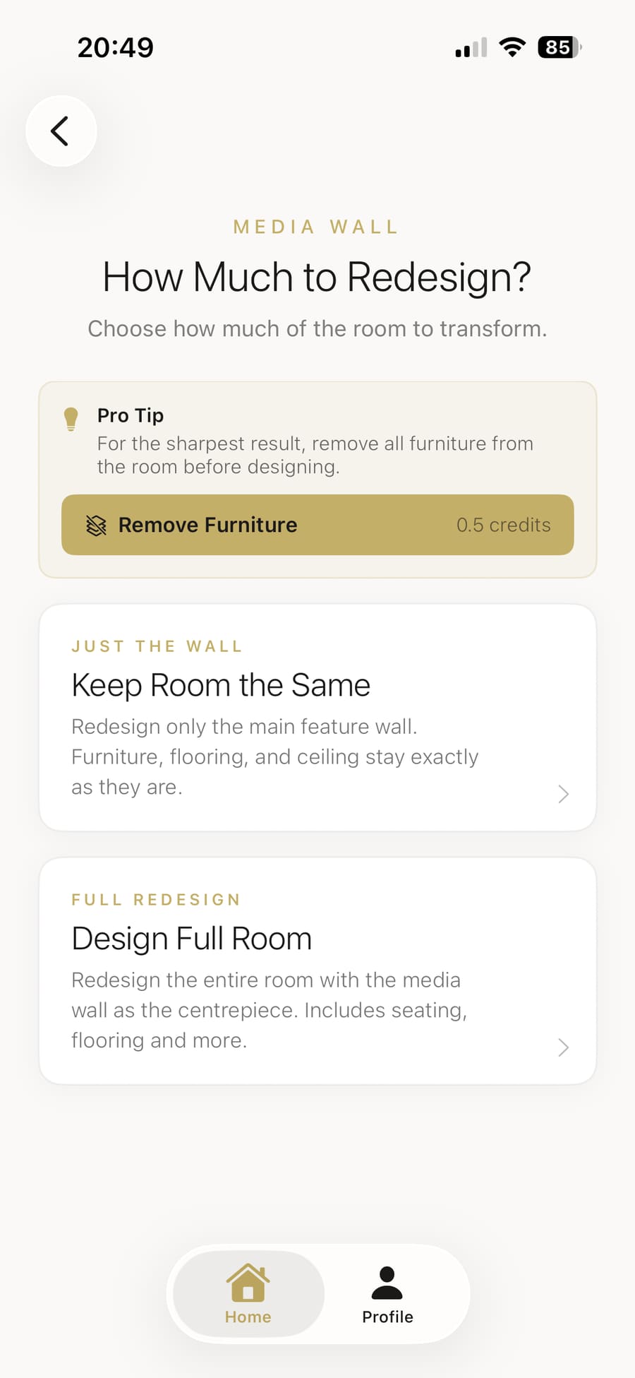 Choosing between designing part of the room or the full room