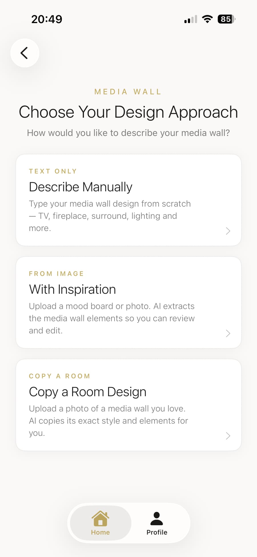 Choosing between describing manually, using inspiration like a mood board, or copying a room design