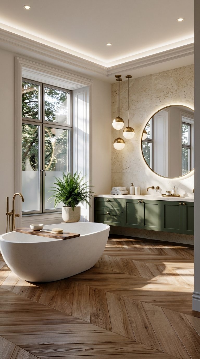 Moss and walnut bathroom with white stone bath, walnut tray, green vanity and round brass mirror