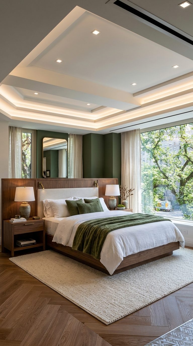 Moss and walnut bedroom with walnut platform bed, cream linen headboard and moss green panelled wall