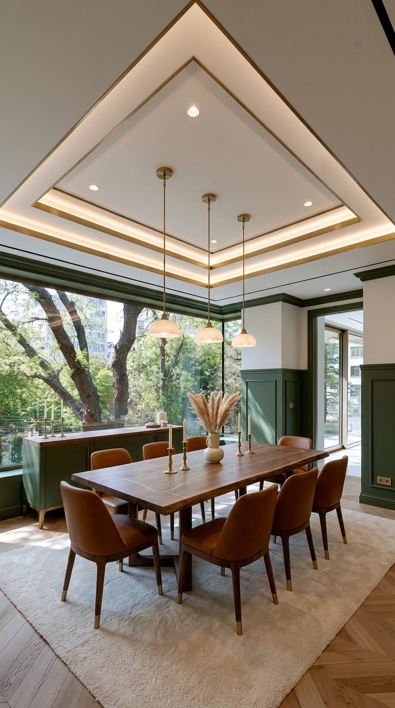 Moss and walnut dining room with live-edge walnut table, cognac leather chairs and moss wainscoting