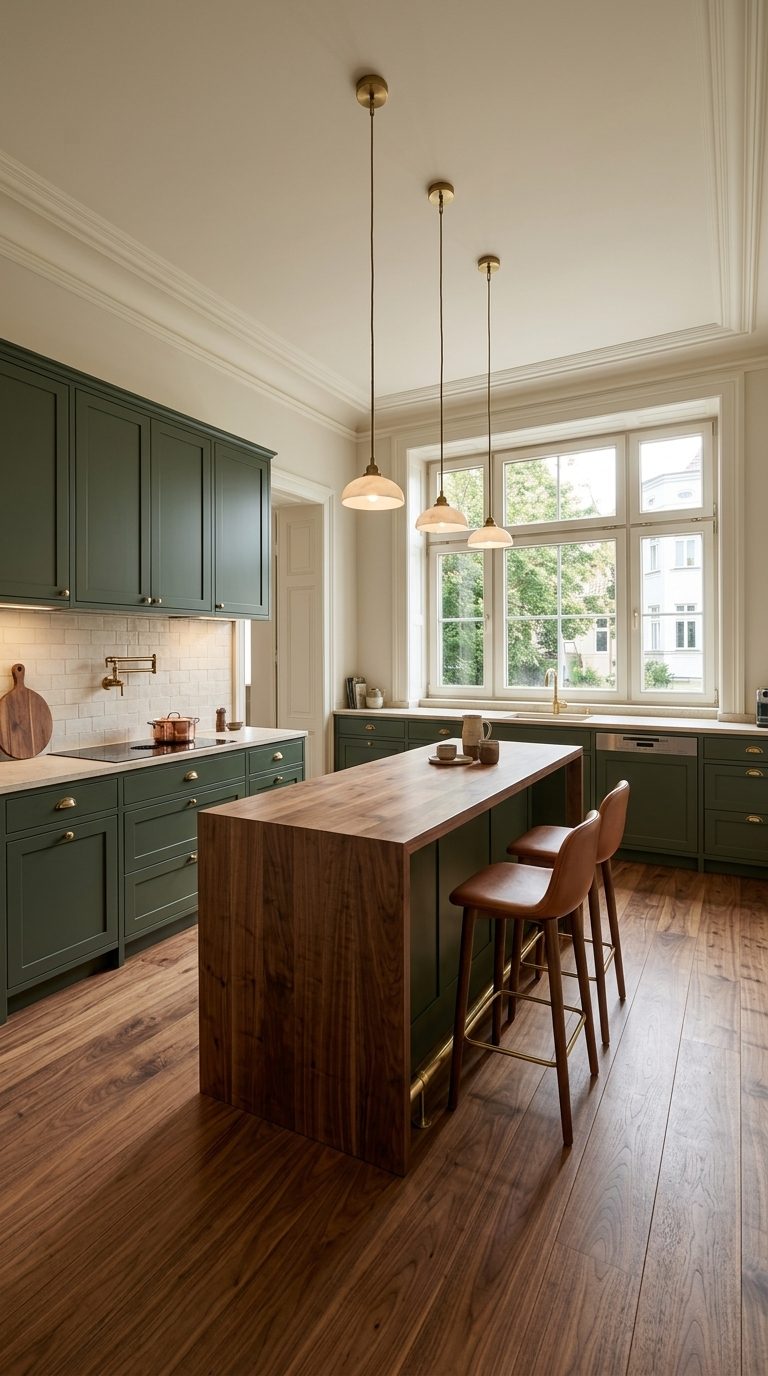 Moss and walnut kitchen with deep green shaker cabinets, walnut waterfall island and aged brass pendants