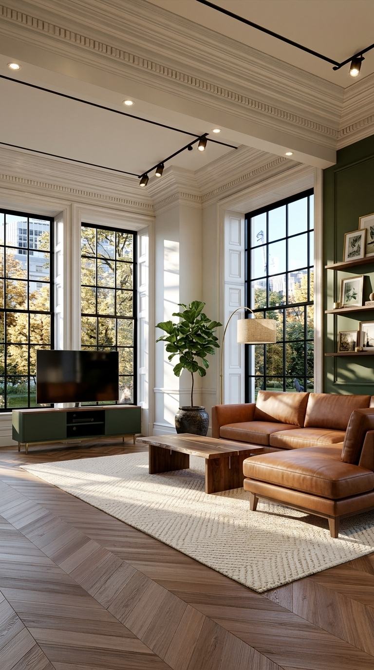 Moss and walnut living room with cognac leather sofa, live-edge walnut coffee table and green feature wall