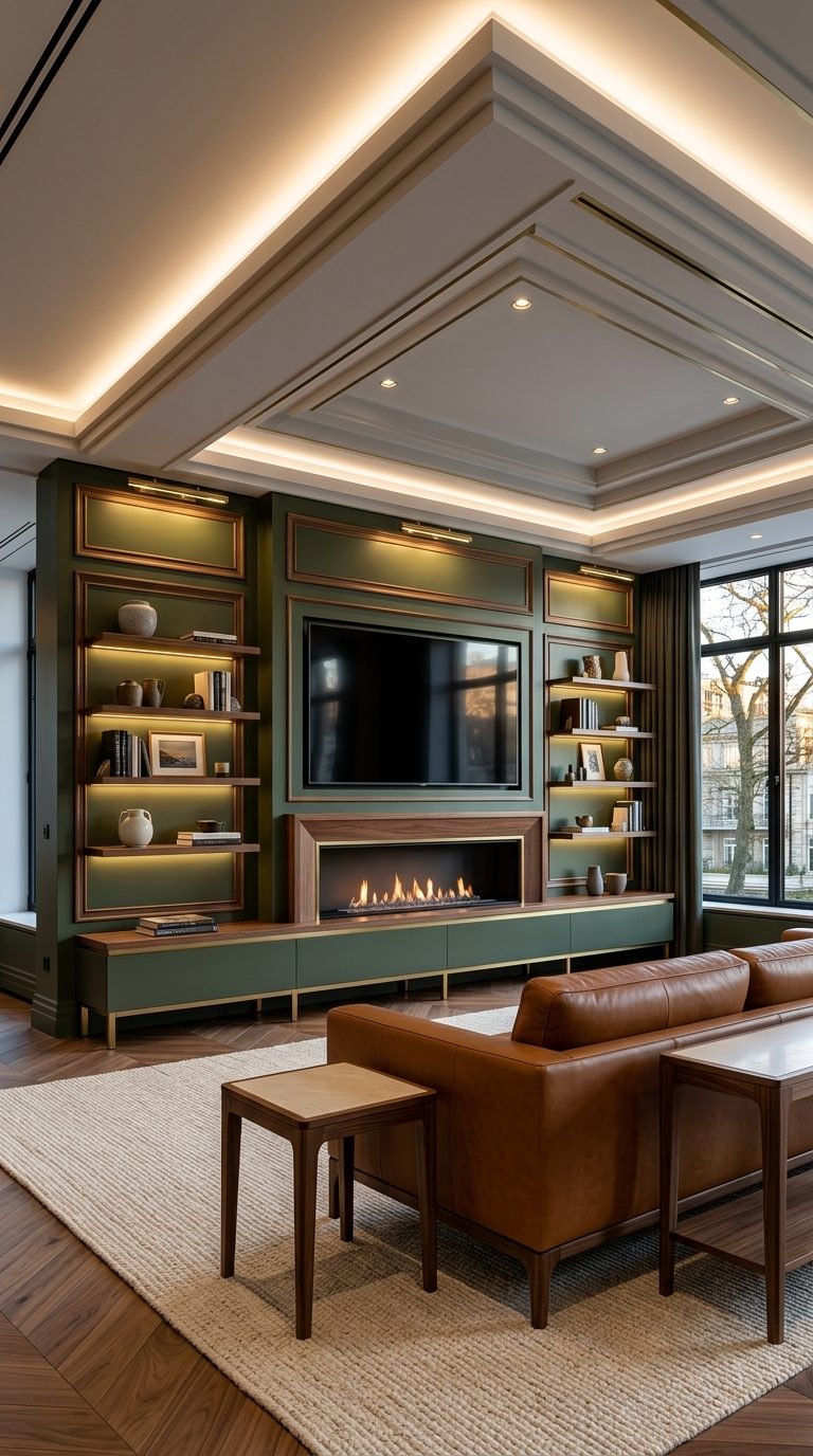 Moss and walnut media wall with green panelling, bioethanol fireplace and LED-backlit walnut shelves