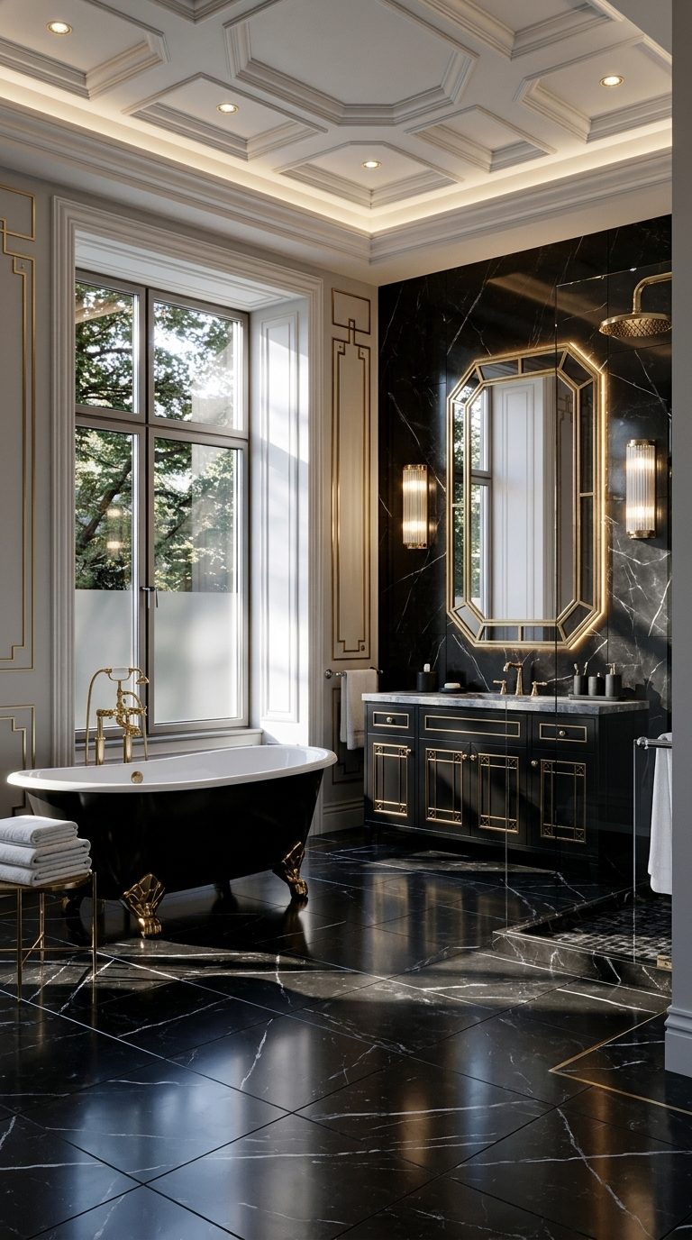 Neo-Deco bathroom with black enamel freestanding bath, octagonal brass mirror and black marble accent wall